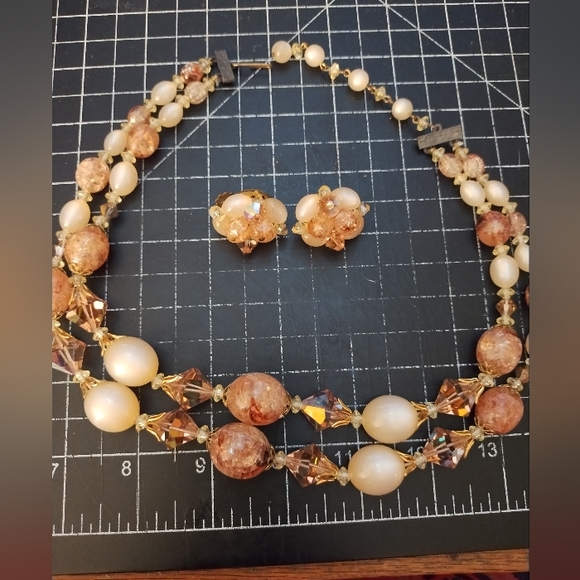 Vintage Jewelry - Vintage Double Strand Glass Necklace & Clip-On Earring Set, 1950s-1960s …